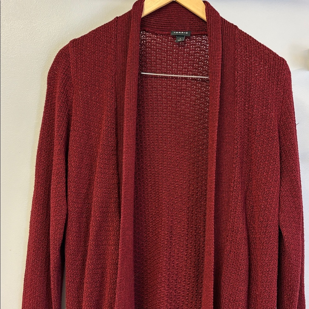 Torrid Deep Burgundy Open-Front Long Cardigan Sz 1X - Picture 4 of 5